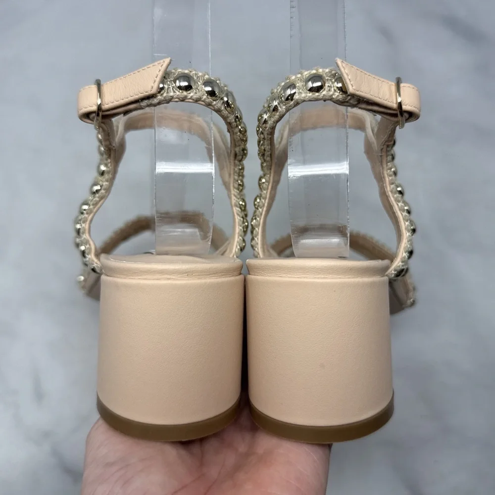 NEW Casadei Studsway Pearl Studded Strappy Open Toe Kitten Block Heel Sandals 36